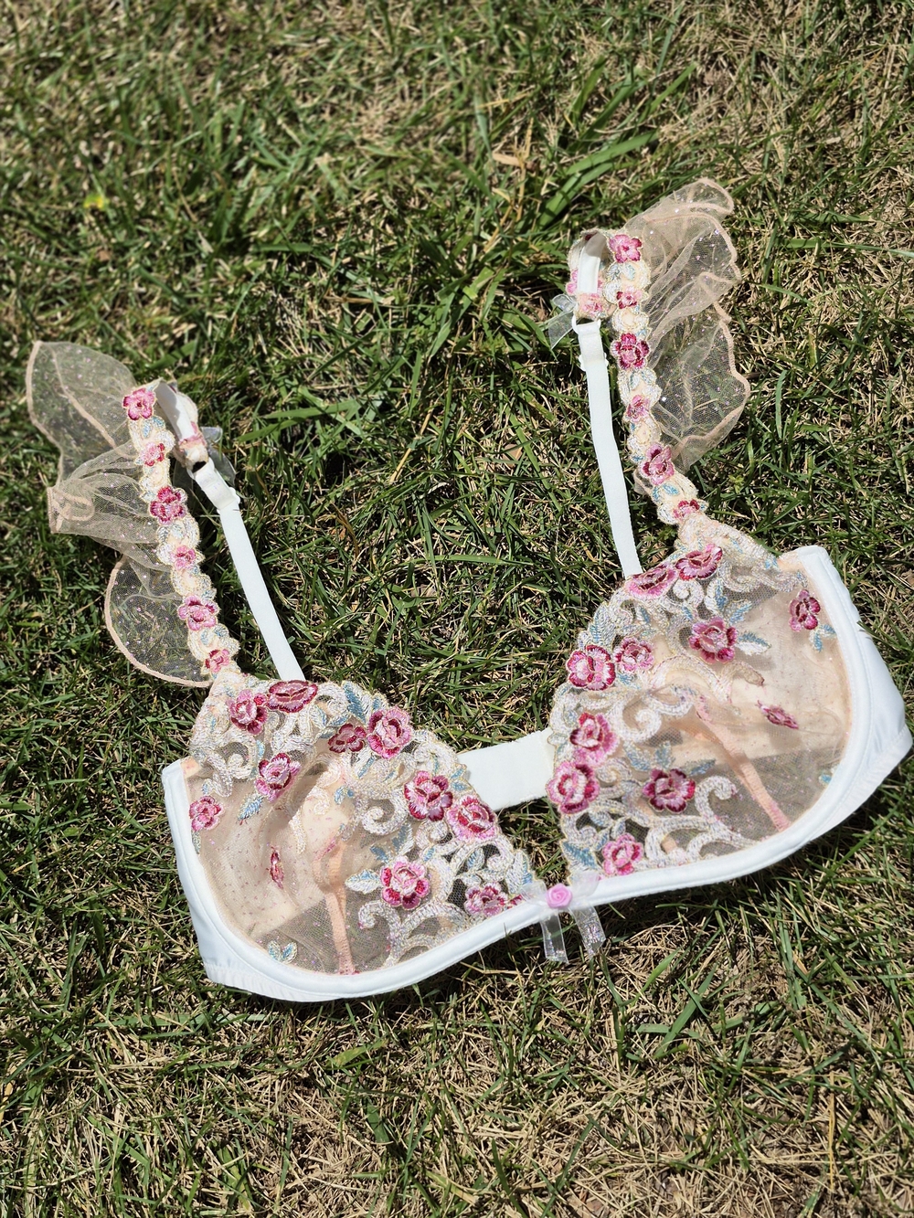 For Love & Lemons Sheer Floral Embroidered Balconette Unlined Bra-34D